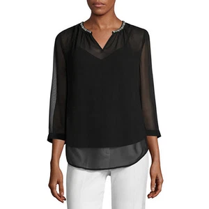  Liz Claiborne 3/4-Sleeve Embellished V- Neck Black Blouse Size M New Msrp $48  - Picture 1 of 1