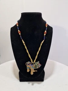 ANTIQUE CHINESE EXPORT GOLD SILVER FILGREE ENAMEL LION FOO DOG PENDANT NECKLACE - Picture 1 of 10
