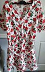 Monki Red White Rose Print Short Sleeve Button Up Cotton Playsuit Xl