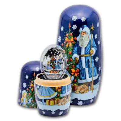 2025 Solomon Islands Father Frost & Snow Maiden 1 oz Silver Coin in Nesting Doll - Image 1 of 4