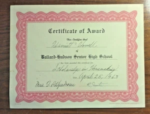 Ballard-Hudson (Colored) High School - Certificate of Award ~ 1963 Macon GA - Picture 1 of 2