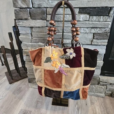 Crazy Quilt Vtg Velvet Purse Wood Beaded Handles Embellishments Boho Hippie Bag - Image 1 of 4