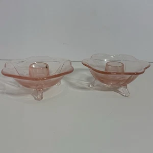 2 Stück Vintage Fenton Rosa Depression Glas Fuß Lotus Kerzenständer Halter - Bild 1 von 8