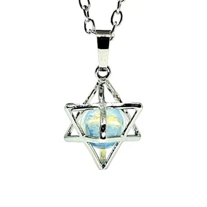 Merkaba Pendant Necklace Opalite Gemstone Ball Chariot Sacred Geometry Jewellery - Picture 1 of 10