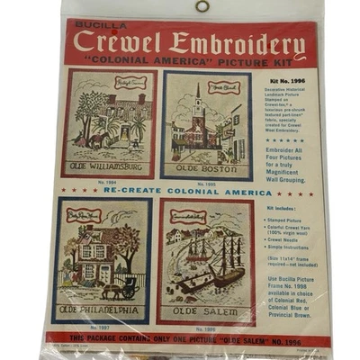Bucilla NEW Vintage Crewel Embroidery Olde Salem Colonial America Kit 1996 - Image 1 of 4