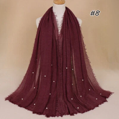 Moda Mujeres Liso Arrugado Algodón Bufanda Mantón Musulmán Hiyab Cabeza Envoltura Perla Cuentas Foto 1 de 4