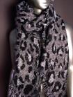 Warm Plush Soft Black Gray Leopard Print Crochet Knit Long Asymmetric Wrap Scarf