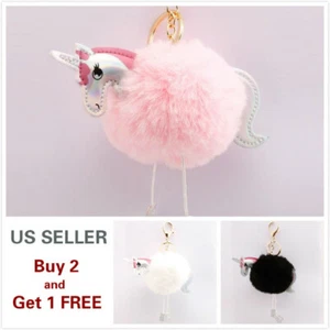 Soft Cute Unicorn Rabbit Fur Ball PomPom Cell Phone Car Handbag Keychain - Picture 1 of 7