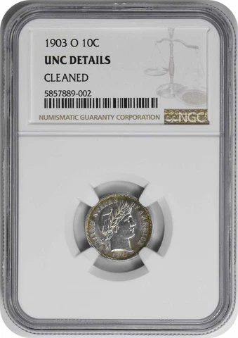 1903-O Barber Silver Dime UNC Details Cleaned NGC Cover