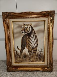 Rex Signed Original Vintage Painting Oil on Canvas Framed Tiger  16"x12"