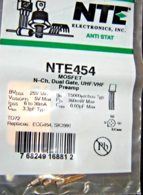 1 pc New NTE454 N-Ch MOSFET, Dual Gate, UHF/VHF Preamp TO72 , ECG454, SK3991 - Bild 1 von 3