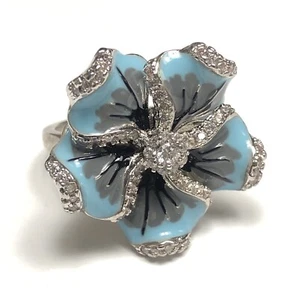 Anillo Imperial Azul Gris Esmalte Flor Pavé Circonita Cz Acentos Rodio S925 Talla 5.7 - Imagen 1 de 10