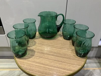 Винтажный ретро кувшин и 6 стаканов Aqua синий рифленое стекло  - Изображение 1 из 4