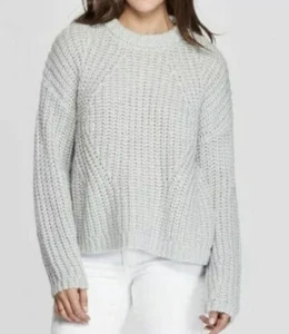 Universal Thread Women Crewneck Pullover Chunky Cable Knit Sweater Teal/Gray L - Picture 1 of 5