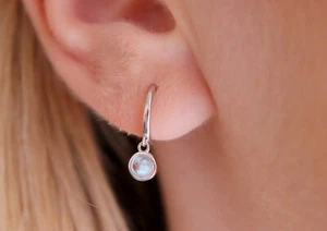 925 Sterling Silver Moonstone Round  Dangle Hoop Drop Earrings, Gold Hoops - Picture 1 of 8