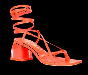 Deltan $98 Fawn Orange Ankle Wrap Strappy Block Heel Thong Sandals Sz 6.5 NEW - Picture 1 of 10