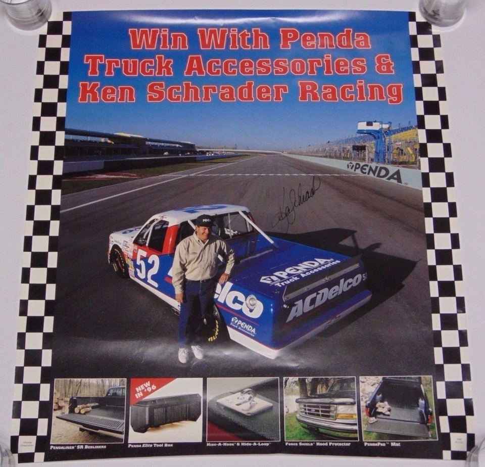 Cartel publicitario de Penda de camión NASCAR 1996 autografiado firmado por Ken Schrader y certificado de autenticidad Foto 1 de 4