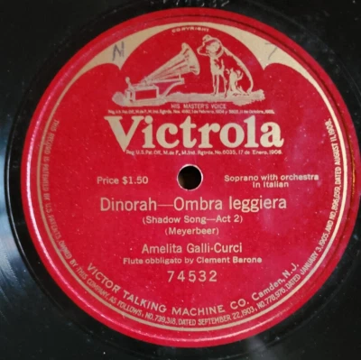 075. AMALITA GALLI-CURSI 78 RPM 12" Vintage Victrola US Label Shellac  LP - Image 1 of 2