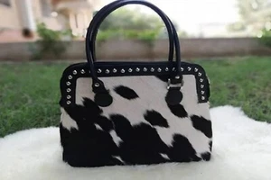 Tote Bag Cowhide Hair on Black & White Handbag with One Side Metal Studs - Picture 1 of 5