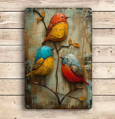 Rustic Wall Decor French Country Vintage 3 Colorful Birds Metal Tin Sign 8x12 - Image 1 of 4