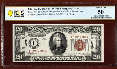 1934 A  $ 20 🌴 HAWAII OVRERPRINT  🌴 WWII EMERGENCY ISSUE  PCGS  50 - Image 1 of 4