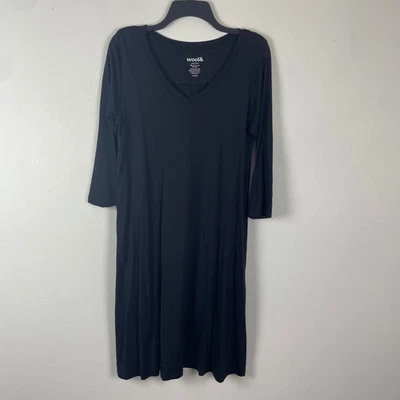 Wool& Wooland Black Merino Wool Rowena Swing V-Neck 3/4 Sleeve Midi Dress M Long - Image 1 of 4