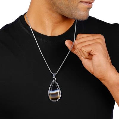 Каплевидный коричневый полосатый агат серебряный кулон | исцеляющий кристалл ожерелье - Изображение 1 из 4