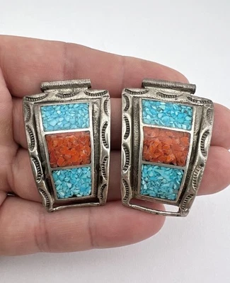 Puntas de reloj Navajo de colección de plata esterlina con incrustaciones de astillas trituradas turquesa y coral 33 g Foto 1 de 4