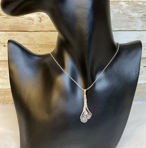 Vtg Coin Silver Purple & Sage Green Enamel Calla Lily Iris Pendant Chain 16” - Picture 1 of 7