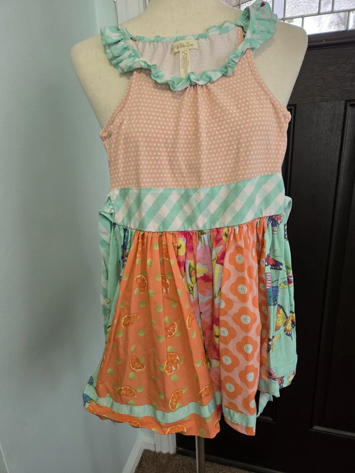 Matilda Jane Trifle Pudding Dress Sz 6 Multi Print Tie Back Ruffle Charming Fun - Image 1 of 4