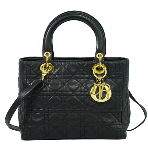 Borsa a tracolla Christian Dior Lady Dior Cannage in pelle a 2 vie nero oro