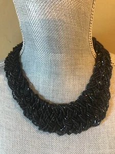 Vintage Bead Necklace Seed Bugle Braided Black Silver Tone Lobster Clasp 20” - Picture 1 of 6