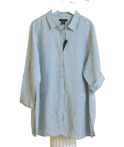 TAHARI Light Teal 100% Linen Button Down Shirt Tunic Top Size 1X NWT - Picture 1 of 6