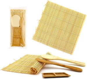 100% Bamboo Sushi Kit 2 Natural Rolling Mats, 1 Rice Paddle, 1 Spreader, 1 dish - Picture 1 of 7