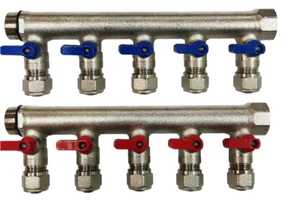 3/4" 5-Loops Ball Valve Brass PEX Plumbing Manifolds for 1/2" PEX - Red & Blue - Picture 1 of 7