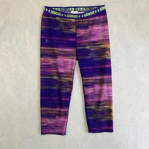 Under Armour Capri Leggings Girls Youth Large HeatGear Geo Purple Neon Big Kid - Picture 1 of 13