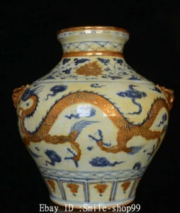 14.5" Old Yuan Dynasty Blue White Porcelain Gild Beast Head Dragon Crock Pot Jar - Picture 1 of 9