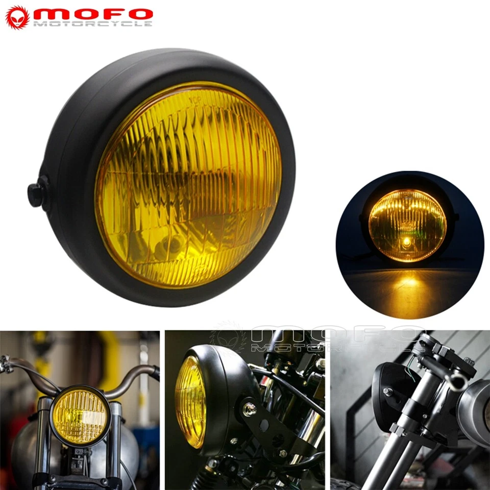 Motorcycle Retro Round Headlight Amber Lens For Harley Honda Suzuki Cafe Racer - Image 1 of 4