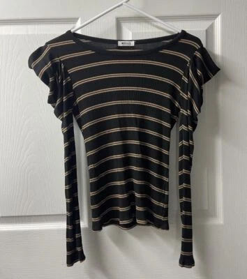 Pulôver feminino La Made pequeno preto bronzeado malha listrada mangas folhadas com nervuras - Imagem 1 de 4