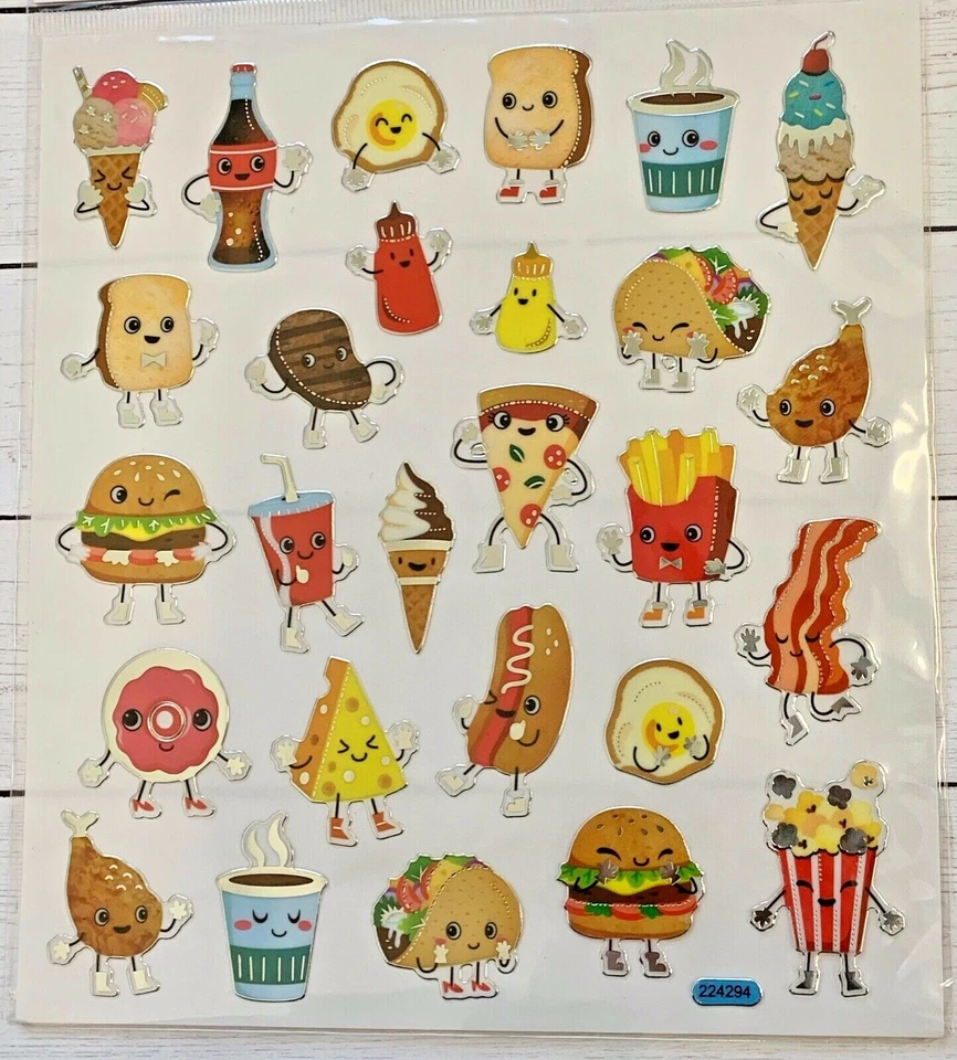  Food Fun Faces Silver Foil Stickers Papercraft  Party Teacher DIY Craft Journal - Image 1 of 1