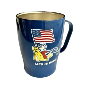 Life Is Good Navy Blue St Steel Mug w Boy/Dog/Flag New Other - Picture 1 of 4