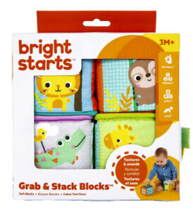 bright starts Grab & Stack Blocks - zabawki motoryczne z 4 miękkimi kostkami