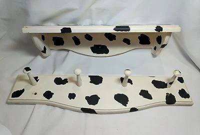 2 Cow Print Item Shelf 17.5" Wide, Cow Print Coat or Hat Hooks Hangar w/ 4 Pegs  - Image 1 of 4