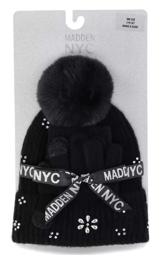 Madden NYC Flower Rhinestone Pom Hat and Touch Screen Gloves