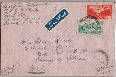 CUBIERTA CORREO AÉREO POSTAL LIBANO 1947 ADDR EE. UU. CANC BEYROUT Foto 1 de 2
