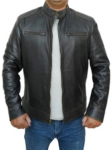 Men's New Moto Biker Cafe Racer Real Sheepskin Vintage Brown Leather Jacket - Picture 1 of 8