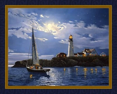 Serenity Lighthouse Sailboat Nautical Quilt Top Wall Hanging Panel Fabric - Image 1 of 2