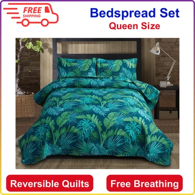Tropical Green Palm Tree Leaf Print Bedspread Set - Queen Size Reversible Quilts - Image 1 of 4