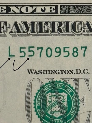2021 Unc. S.F. $1 Bill Stuck Digit High 55 & Green Inkwell Spill Note - Image 1 of 3