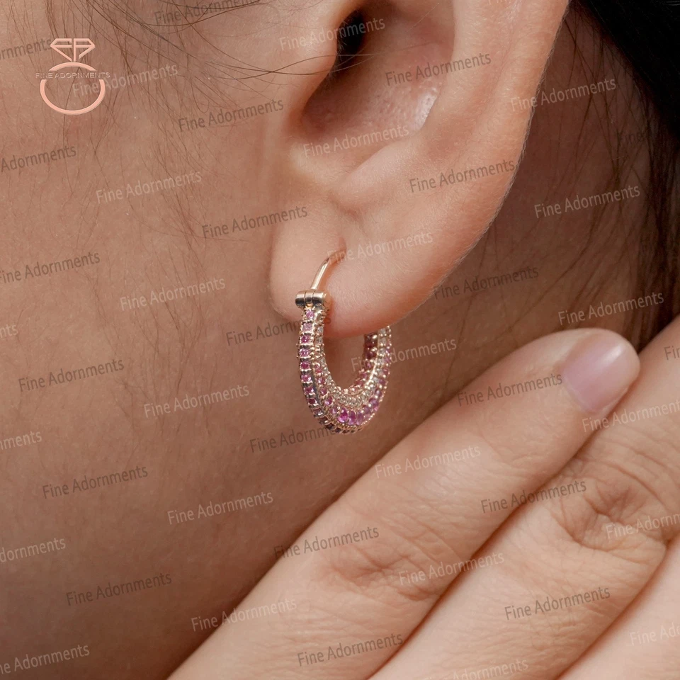 Solid 14k Rose Gold Hoop Earrings Natural Pink Sapphire & Diamond Fine Jewelry - Image 1 of 4